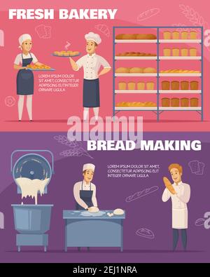 Horizontal cartoon banners isolated on pink and purple backgrounds with fresh bakery and bread making vector illustration Stock Vector