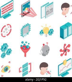 Machine learning isometric set of isolated icons with computer gear and robotic elements of neuron network vector illustration Stock Vector