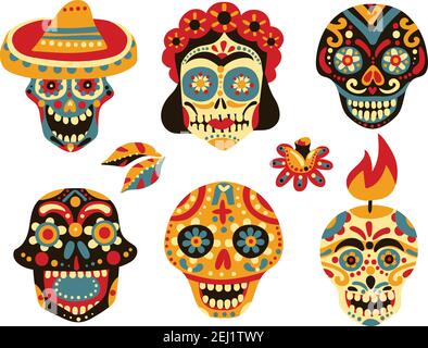 Mexican day of dead traditional colorful ornamental skull symbols icons collection with mask in sombrero isolated vector illustration Stock Vector