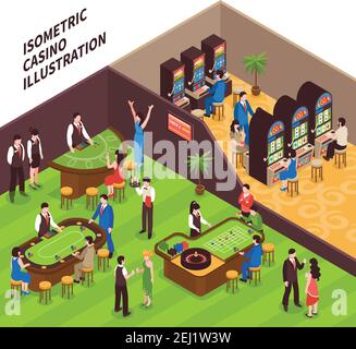 Casino isometric vector illustration with game halls equipment and people coming to play gambling games Stock Vector