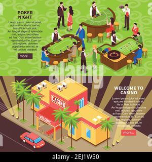 Poker night and welcome to casino horizontal banners with gaming room interior people and casino building isometric elements vector illustration Stock Vector