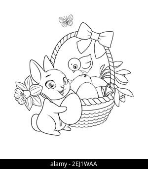 Easter bunny and chick with basket full of eggs and flowers. Vector black and white illustration for coloring book page. Stock Vector