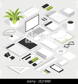 Stationary isometric white set with notebook smartphone glasses badge envelope floppy disk and other office supplies isolated elements vector illustra Stock Vector