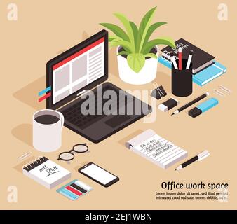 Office workspace isometric business design concept with notebook glasses diary cup of coffee and stationary items vector illustration Stock Vector
