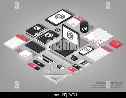 Stationary isometric mockup set of straightedge  triangle clip usb flash drive and other office supplies isolated elements vector illustration Stock Vector