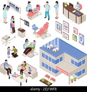 Stomatology isometric set of dental center building and clinic interiors with doctors and patients  isolated vector illustration Stock Vector