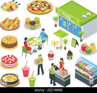 Vegetarian natural healthy food cafe isometric icons set with waiter serving tasty dishes and desserts vector illustration Stock Vector