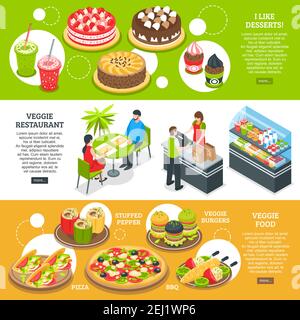 Vegetarian horizontal banners set with stuffed peppers veggie burgers pizza dessert isometric decorative icons vector illustration Stock Vector