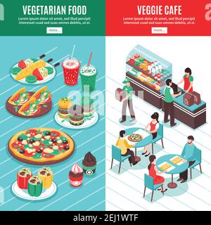 Vegetarian vertical banners with veggie cafe isometric composition dessert icons and dishes cooking from vegetables vector illustration Stock Vector