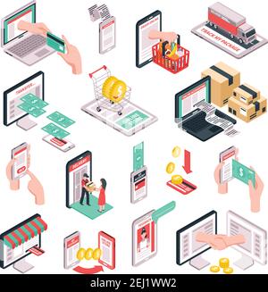 E-commerce online store shopping isometric elements collection with smartphone and credit card payments isolated vector illustration Stock Vector