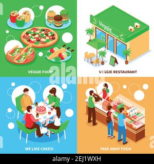 Vegetarian 2x2 design concept set of veggie food veggie restaurant take away food and favorite cakes square icons isometric vector illustration Stock Vector