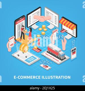 Electronic commerce isometric vector illustration with plastic card home delivery account page in smartphone screen elements Stock Vector