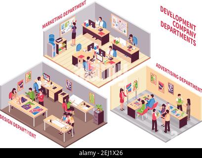 Set of isometric coworking spaces of development company with employees working  in design marketing and advertising departments vector illustration Stock Vector