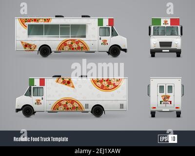 Food trucks realistic ad template design of meals on wheels car with side front and back views vector illustration Stock Vector