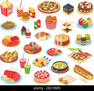 Fast food isometric icons set with pizza grilled potato hamburger  hot dog cake and other meals of quick cooking isolated vector illustration Stock Vector