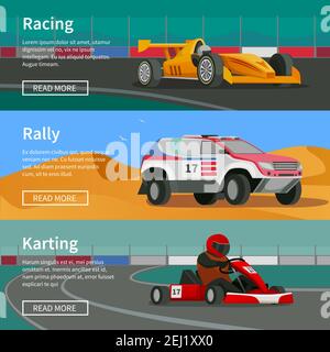 Racing flat banners set with rally and karting race tracks and cars with text and read more button vector illustration Stock Vector