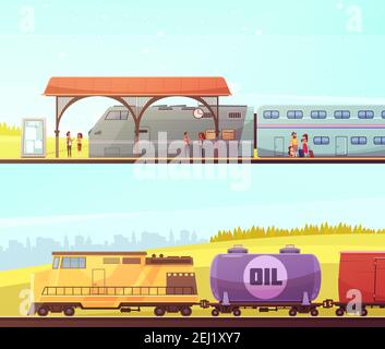 Railway two horizontal banners with passenger train people on station and freight train with oil tank flat vector illustration Stock Vector