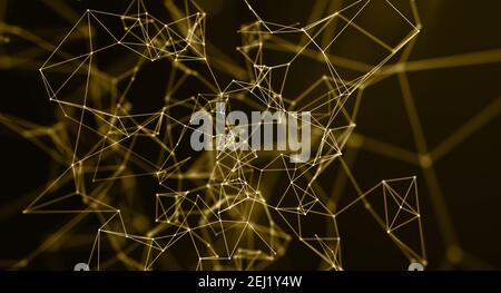 Abstract geometric plexus background golden triangular cells connecting dots and threads. Luxury tech. 3d rendering. Stock Photo
