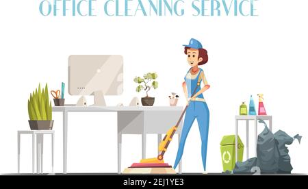 Office cleaning service design concept with young woman in interior washing floor by modern mop with spray element flat vector illustration Stock Vector