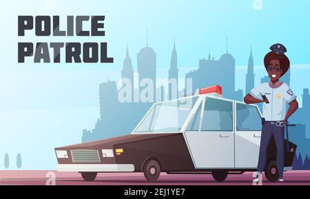 Police patrol cartoon vector illustration with officer standing near police car with special beacon on city background Stock Vector