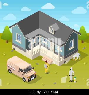 House disinfection isometric background with exterminators in protective suits using repellent for cleaning of rural cottage vector illustration Stock Vector