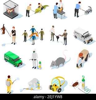 Pest control isometric icons set of animals insects and people used in catching and destruction of parasites vector illustration Stock Vector