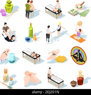 Alternative medicine isometric icons set of patients and accessories for aromatherapy apitherapy yoga phytotherapy hydrotherapy leeches healing vector Stock Vector