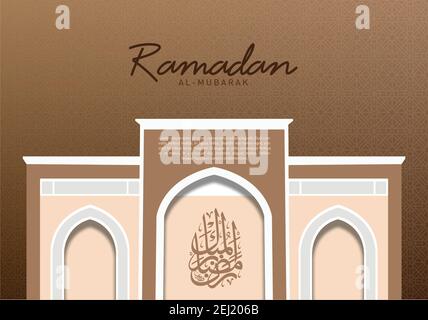 Ramadan al-Mubarak greeting card. Mosque interior art concept, "Blessed Ramadan" in Arabic Calligraphy, sample text and geometric pattern background. Stock Vector