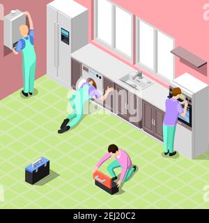 Service centre isometric background with employees in office or home interior performing installation and adjusting of household appliances isometric Stock Vector