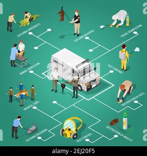 Pest control isometric flowchart with house disinfection parasitic destruction animal inspection and medical care items vector illustration Stock Vector