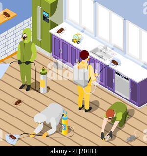 Pest control isometric background with exterminators in protective suits spraying pesticide in home interior vector illustration Stock Vector