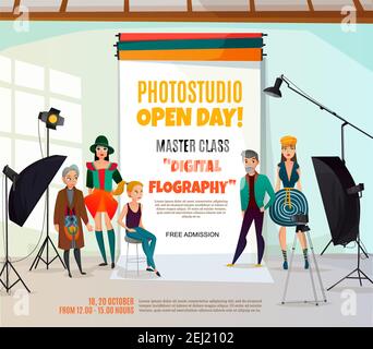 Photo studio ad poster with people in various clothing and professional equipment on light background vector illustration Stock Vector