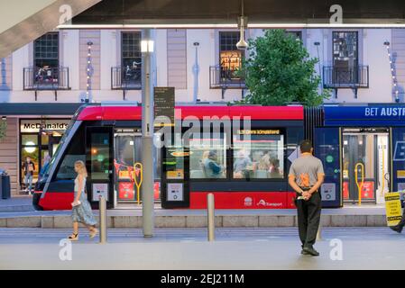 One of the new Sydney light rail trams at Circular Quay Sydney, Australia. The tram travels between the suburbs of Randwick and Circular Quay Stock Photo