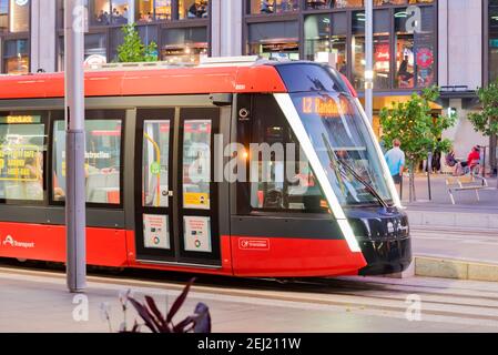 One of the new Sydney light rail trams at Circular Quay Sydney, Australia. The tram travels between the suburbs of Randwick and Circular Quay Stock Photo