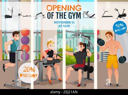 Gym opening advertising poster with men on exercise equipment and information about discounts vector illustration Stock Vector