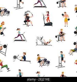Seamless pattern with smiling men and women at exercise equipment on white background vector illustration Stock Vector