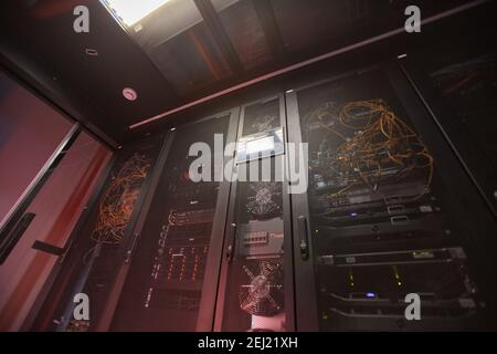 Low angle background image of rack server room in data center, copy space Stock Photo