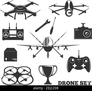 Monochrome set of drone elements with controller, photo camera, repair tools, package, trophy isolated vector illustration Stock Vector