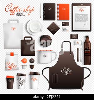 Mockup coffee shop design branding elements set on transparent background with isolated images of merchandise items vector illustration Stock Vector