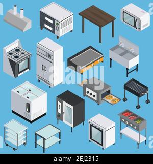 Professional kitchen furniture equipment appliances  with microwave grill refrigerator range stove isometric icons collection isolated vector illustra Stock Vector