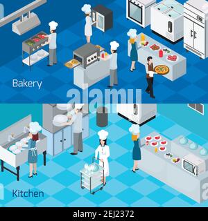 Bakery kitchen interior furniture equipment appliances  2 horizontal isometric banners with cooking staff members isolated vector illustration Stock Vector
