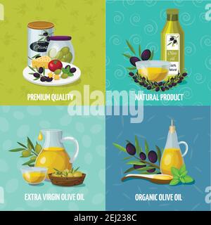 Olive oil natural organic products 4 background cartoon icons square with premium quality cans isolated vector illustration Stock Vector