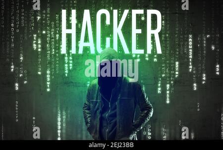 Faceless hacker with HACKER inscription, hacking concept Stock Photo