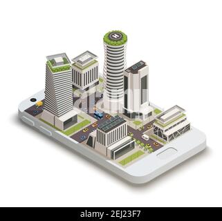 Smart city center tower buildings with sustainable green energy roof gardens on smartphone screen isometric composition vector illustration Stock Vector