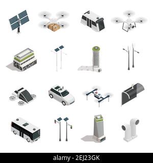 Smart city isometric icons collection with ecological energy sources unmanned vehicles and air purification technology isolated vector illustration Stock Vector
