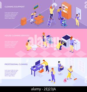 Professional cleaning company equipment services and rates 3 horizontal infographic elements isometric banners set isolated vector illustration Stock Vector