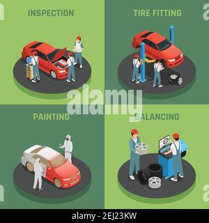 Vehicles repair and maintenance autoservice concept 4 isometric background icons square with car inspection balancing fitting vector illustration Stock Vector