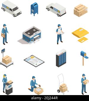 Postal mail shipping service isometric icons set with post office parcels mailman and postoffice box isolated vector illustration Stock Vector