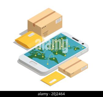 International postal mail delivery service isometric composition with smartphone screen destination map and parcels letters packages vector illustrati Stock Vector