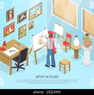 Artist with paintbrush and palette near easel with canvas in blue studio with artworks isometric vector illustration Stock Vector